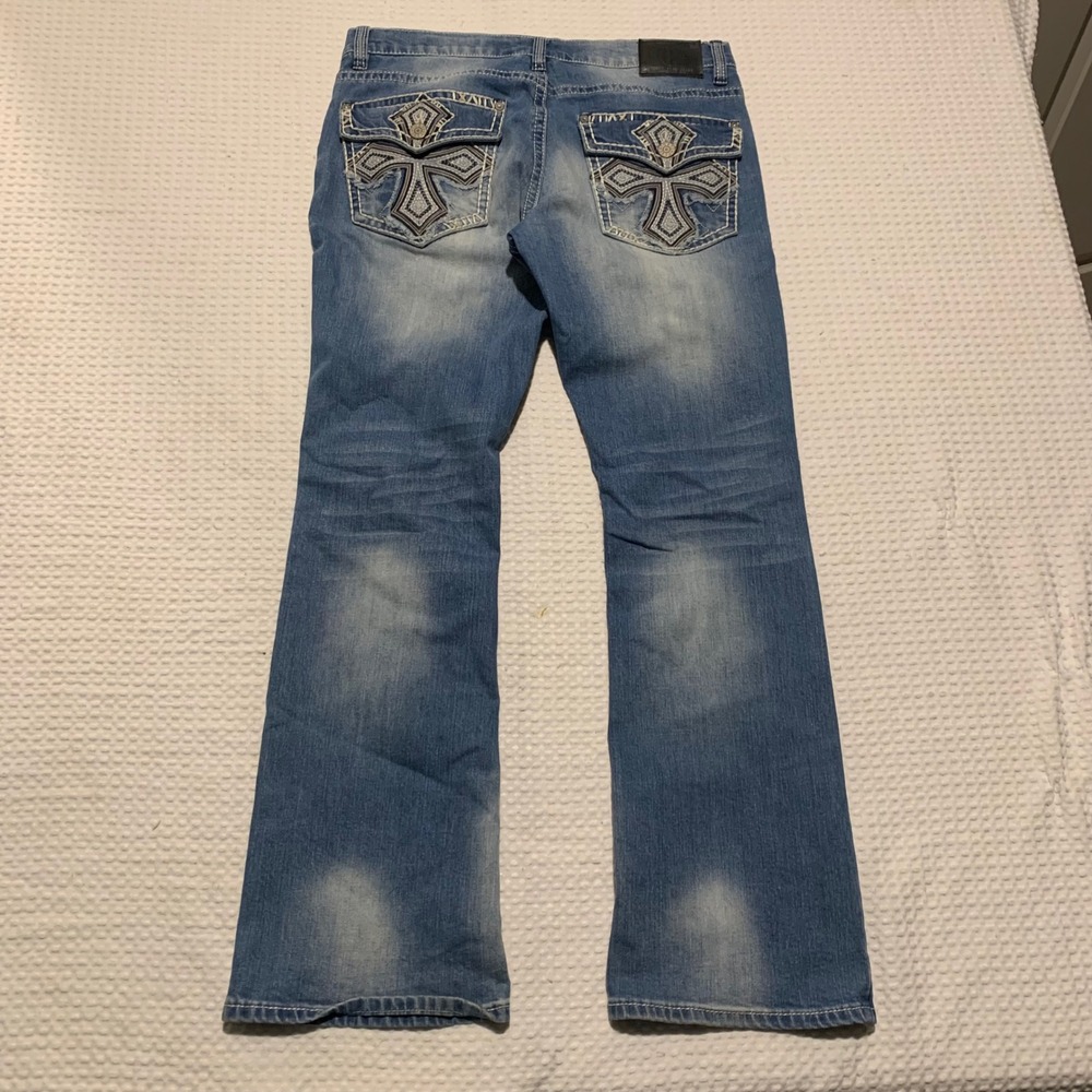 Tokyo Five Jeans Womens 32x32 Blue Denim Bootcut Embroidered Cross Y2K Distress